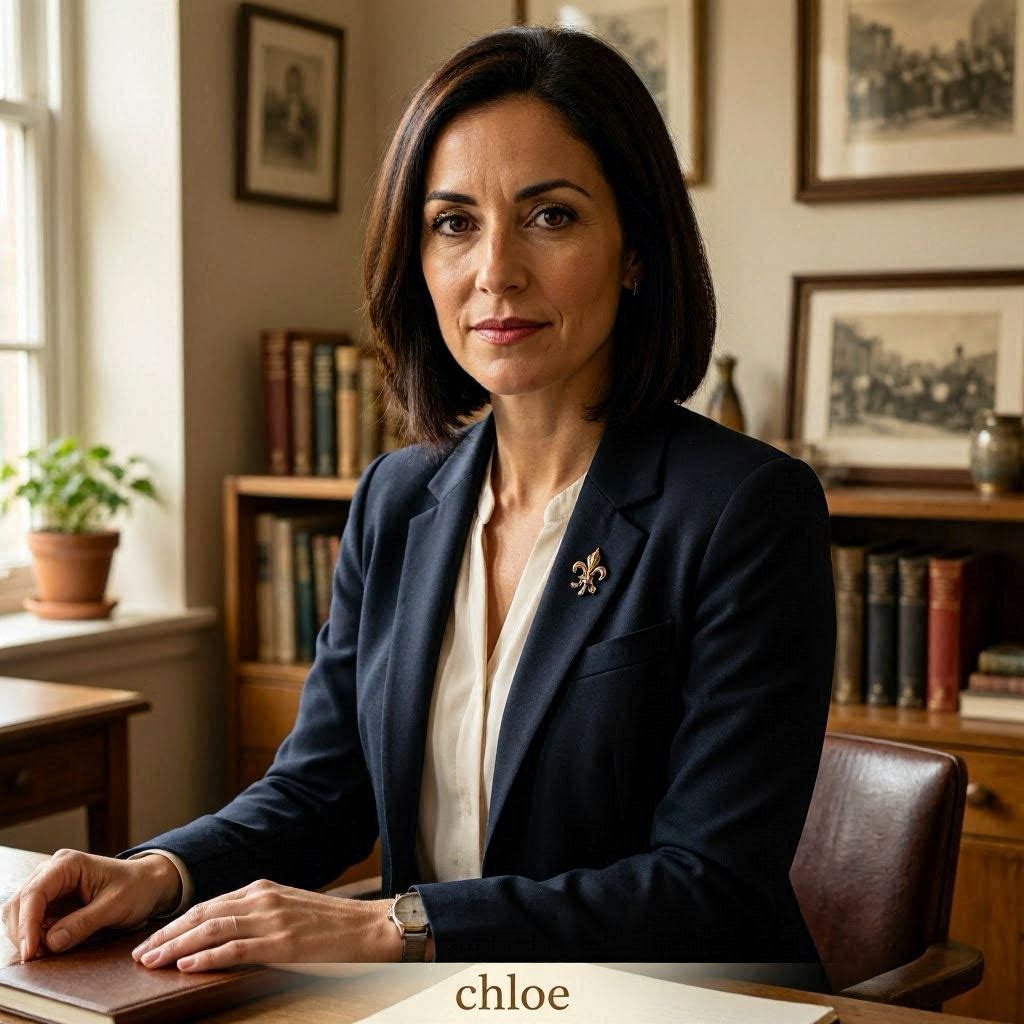 Chloe, sitting in her office, wearing a dark blazer with gold flor-de-lis , lapel broach.